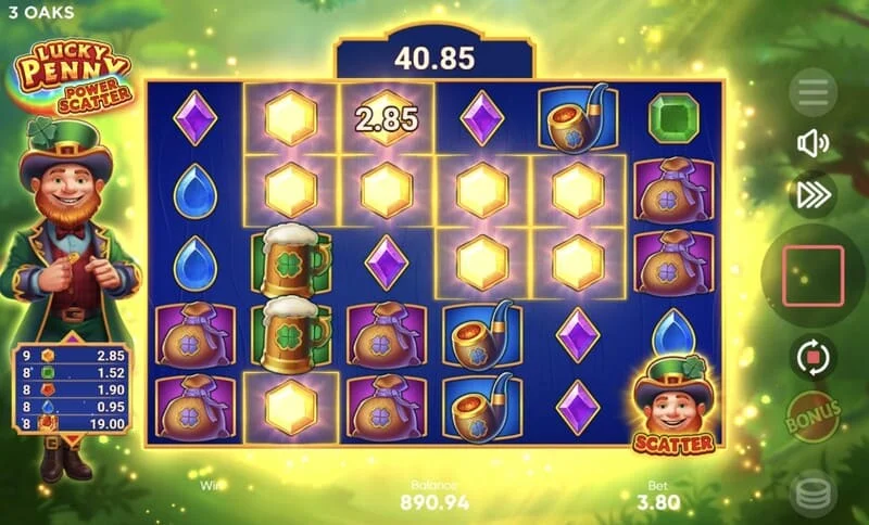 Lucky Penny Power Scatter - osnovna igra sa kaskadnim nestajanjima i kumulativnim množiocem